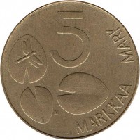 Finland coin 5 Markkaa (1992 - 2001) reverse reverse of 5 Markkaa (1992 - 2001) coin with KM# 73 from Finland. Inscription: 5 MARKKAA MARK M