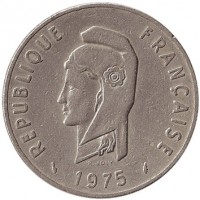 obverse of 100 Francs (1970 - 1975) coin with KM# 19 from French Afars and Issas. Inscription: REPUBLIQUE FRANÇAISE R.JOLY 1975