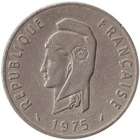 French Afars and Issas coin 100 Francs (1970 - 1975) obverse obverse of 100 Francs (1970 - 1975) coin with KM# 19 from French Afars and Issas. Inscription: REPUBLIQUE FRANÇAISE R.JOLY 1975