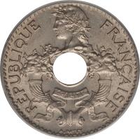 obverse of 5 Centimes (1923 - 1938) coin with KM# 18 from French Indochina. Inscription: REPUBLIQUE FRANÇAISE LIBERTÉ ÉGALITÉ FRATERNITÉ