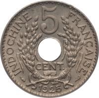 reverse of 5 Centimes (1923 - 1938) coin with KM# 18 from French Indochina. Inscription: INDOCHINE 5 FRANCAISE CENT 1938