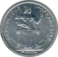 obverse of 1 Franc (1965) coin with KM# 2 from French Polynesia. Inscription: REPUBLIQUE FRANCAISE 1965 G.B.BAZOR