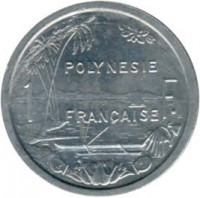 French Polynesia coin 1 Franc (1965) reverse reverse of 1 Franc (1965) coin with KM# 2 from French Polynesia. Inscription: POLYNESIE FRANCAISE