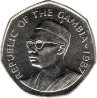Gambia coin 1 Dalasi (1987) obverse obverse of 1 Dalasi (1987) coin with KM# 29 from Gambia. Inscription: REPUBLIC OF THE GAMBIA 1987