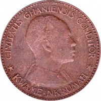 obverse of 1 Penny (1958) coin with KM# 2 from Ghana. Inscription: KWAME NKRUMATH CIVITATIS GHANIENSIS CONDITOR F.V