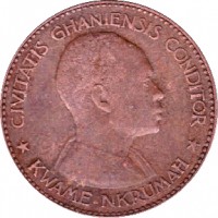 Ghana coin 1 Penny (1958) obverse obverse of 1 Penny (1958) coin with KM# 2 from Ghana. Inscription: KWAME NKRUMATH CIVITATIS GHANIENSIS CONDITOR F.V