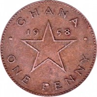 Ghana coin 1 Penny (1958) reverse reverse of 1 Penny (1958) coin with KM# 2 from Ghana. Inscription: GHANA 19 58 · ONE PENNY ·