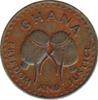 Ghana coin 1 Pesewa (1967 - 1979) obverse obverse of 1 Pesewa (1967 - 1979) coin with KM# 13 from Ghana. Inscription: GHANA FREEDOM AND JUSTICE