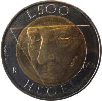 San Marino coin 500 Lire - Hegel (1996) reverse reverse of 500 Lire - Hegel (1996) coin with KM# 357 from San Marino. Inscription: L.500 R 1996 HEGEL Frapiccini inc