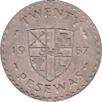 Ghana coin 20 Pesewas (1967 - 1979) reverse reverse of 20 Pesewas (1967 - 1979) coin with KM# 17 from Ghana. Inscription: TWENTY 19 67 PESEWAS