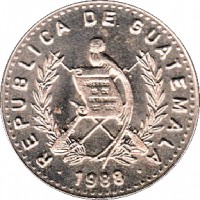 obverse of 10 Centavos - Non magnetic (1976 - 2009) coin with KM# 277 from Guatemala. Inscription: REPUBLICA DE GUATEMALA · 1988 · LIBERTAD 15 DE SETIEMBRE DE 1821