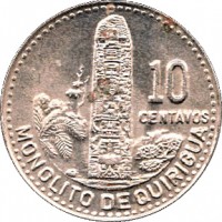 Guatemala coin 10 Centavos - Non magnetic (1976 - 2009) reverse reverse of 10 Centavos - Non magnetic (1976 - 2009) coin with KM# 277 from Guatemala. Inscription: MONOLITO DE QUIRIGUA 10 CENTAVOS