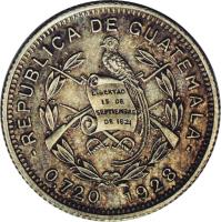 obverse of 5 Centavos (1925 - 1949) coin with KM# 238 from Guatemala. Inscription: LIBERTAD 15 DE SEPTIEMBER DE 1821 REPUBLICA DE GUATEMALA 0.720 1945
