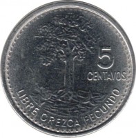 Guatemala coin 5 Centavos - Magnetic (2009 - 2011) reverse reverse of 5 Centavos - Magnetic (2009 - 2011) coin with KM# 276.6 from Guatemala. Inscription: 5 CENTAVOS LIBRE CREZCA FECUNDO
