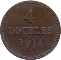 Guernsey coin 4 Doubles - George V / George VI (1914 - 1949) reverse reverse of 4 Doubles - George V / George VI (1914 - 1949) coin with KM# 13 from Guernsey. Inscription: 4 DOUBLES 1914 H