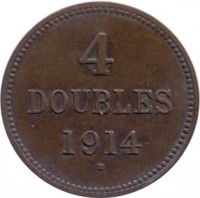 reverse of 4 Doubles - George V / George VI (1914 - 1949) coin with KM# 13 from Guernsey. Inscription: 4 DOUBLES 1914 H