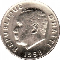 Haiti coin 5 Centimes (1958 - 1970) obverse obverse of 5 Centimes (1958 - 1970) coin with KM# 62 from Haiti. Inscription: REPUBLIQUE D'HAITI 1958