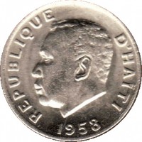 obverse of 5 Centimes (1958 - 1970) coin with KM# 62 from Haiti. Inscription: REPUBLIQUE D'HAITI 1958