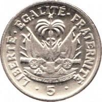 Haiti coin 5 Centimes (1958 - 1970) reverse reverse of 5 Centimes (1958 - 1970) coin with KM# 62 from Haiti. Inscription: LIBERTE.EGALITE.FRATERNITE . 5 .