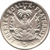 reverse of 5 Centimes (1958 - 1970) coin with KM# 62 from Haiti. Inscription: LIBERTE.EGALITE.FRATERNITE . 5 .