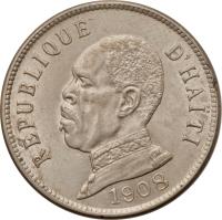 obverse of 50 Centimes (1907 - 1908) coin with KM# 56 from Haiti. Inscription: RÉPUBLIQUE D'HAITI 1908