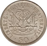 Haiti coin 50 Centimes (1907 - 1908) reverse reverse of 50 Centimes (1907 - 1908) coin with KM# 56 from Haiti. Inscription: LIBERTÉ EGALITÉ FRATERNITÉ 50