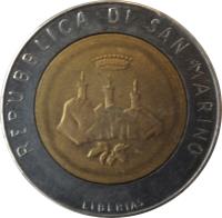 obverse of 500 Lire - Man with Computer (1986) coin with KM# 195 from San Marino. Inscription: REPUBBLICA DI SAN MARINO LIBERTAS