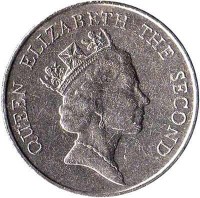 obverse of 5 Dollars - Elizabeth II - 3'rd Portrait (1985 - 1989) coin with KM# 56 from Hong Kong. Inscription: QUEEN ELIZABETH THE SECOND