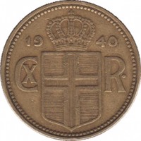 obverse of 2 Krónur - Christian X (1925 - 1940) coin with KM# 4 from Iceland. Inscription: 19 40 CX R.