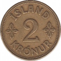 Iceland coin 2 Krónur - Christian X (1925 - 1940) reverse reverse of 2 Krónur - Christian X (1925 - 1940) coin with KM# 4 from Iceland. Inscription: ISLAND 2 KRONUR