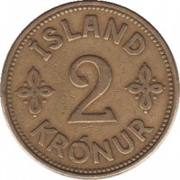 reverse of 2 Krónur - Christian X (1925 - 1940) coin with KM# 4 from Iceland. Inscription: ISLAND 2 KRONUR