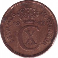 obverse of 2 Aurar - Christian X (1926 - 1942) coin with KM# 6 from Iceland. Inscription: ÍSLANDS KONUNGUR 19 42
