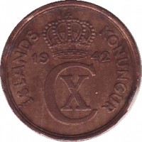 Iceland coin 2 Aurar - Christian X (1926 - 1942) obverse obverse of 2 Aurar - Christian X (1926 - 1942) coin with KM# 6 from Iceland. Inscription: ÍSLANDS KONUNGUR 19 42