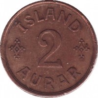 reverse of 2 Aurar - Christian X (1926 - 1942) coin with KM# 6 from Iceland. Inscription: ÍSLAND 2 AURAR