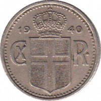 Iceland coin 10 Aurar - Christian X (1922 - 1940) obverse obverse of 10 Aurar - Christian X (1922 - 1940) coin with KM# 1 from Iceland. Inscription: 19 40 CX R.
