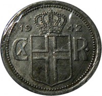 obverse of 25 Aurar - Christian X (1942) coin with KM# 2a from Iceland. Inscription: 19 42 CX R ·