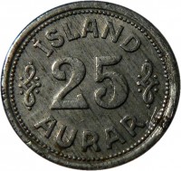 Iceland coin 25 Aurar - Christian X (1942) reverse reverse of 25 Aurar - Christian X (1942) coin with KM# 2a from Iceland. Inscription: ISLAND 25 AURAR