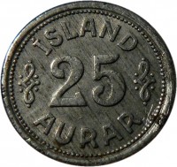 reverse of 25 Aurar - Christian X (1942) coin with KM# 2a from Iceland. Inscription: ISLAND 25 AURAR