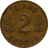 reverse of 2 Krónur (1946) coin with KM# 13 from Iceland. Inscription: ÍSLAND 2 KRÓNUR