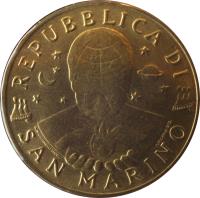 obverse of 200 Lire (1996) coin with KM# 356 from San Marino. Inscription: REPUBBLICA DI SAN MARINO