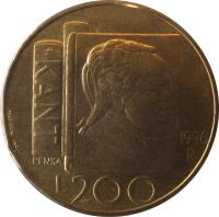 reverse of 200 Lire (1996) coin with KM# 356 from San Marino. Inscription: KANT L 200 1996 R