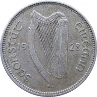 obverse of 1 Shilling (1928 - 1937) coin with KM# 6 from Ireland. Inscription: saorstàt éireann 19 28