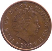 obverse of 2 Pence - Elizabeth II - 4'th Portrait (2000 - 2003) coin with KM# 1037 from Isle of Man. Inscription: ISLE OF MAN ELIZABETH II 2000