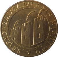 obverse of 200 Lire - Discovery of America (1992) coin with KM# 285 from San Marino. Inscription: REPUBBLICA DI SAN MARINO LIBERTAS PERPETUA L.CRETARA