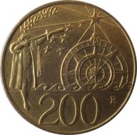 San Marino coin 200 Lire - Discovery of America (1992) reverse reverse of 200 Lire - Discovery of America (1992) coin with KM# 285 from San Marino. Inscription: 1492-1992 200 R