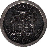 obverse of 5 Dollars - Elizabeth II (1994 - 2014) coin with KM# 163 from Jamaica. Inscription: JAMAICA OUT OF MANY, ONE PEOPLE FIVE DOLLARS 1996