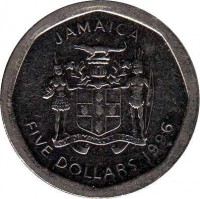 Jamaica coin 5 Dollars - Elizabeth II (1994 - 2014) obverse obverse of 5 Dollars - Elizabeth II (1994 - 2014) coin with KM# 163 from Jamaica. Inscription: JAMAICA OUT OF MANY, ONE PEOPLE FIVE DOLLARS 1996
