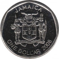 obverse of 1 Dollar - Elizabeth II - Round (2008 - 2015) coin with KM# 189 from Jamaica. Inscription: JAMAICA OUT OF MANY, ONE PEOPLE ONE DOLLAR 2008