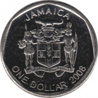 Jamaica coin 1 Dollar - Elizabeth II - Round (2008 - 2015) obverse obverse of 1 Dollar - Elizabeth II - Round (2008 - 2015) coin with KM# 189 from Jamaica. Inscription: JAMAICA OUT OF MANY, ONE PEOPLE ONE DOLLAR 2008