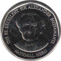 reverse of 1 Dollar - Elizabeth II - Round (2008 - 2015) coin with KM# 189 from Jamaica. Inscription: THE RT. EXCELLENT SIR ALEXANDER BUSTAMANTE NATIONAL HERO